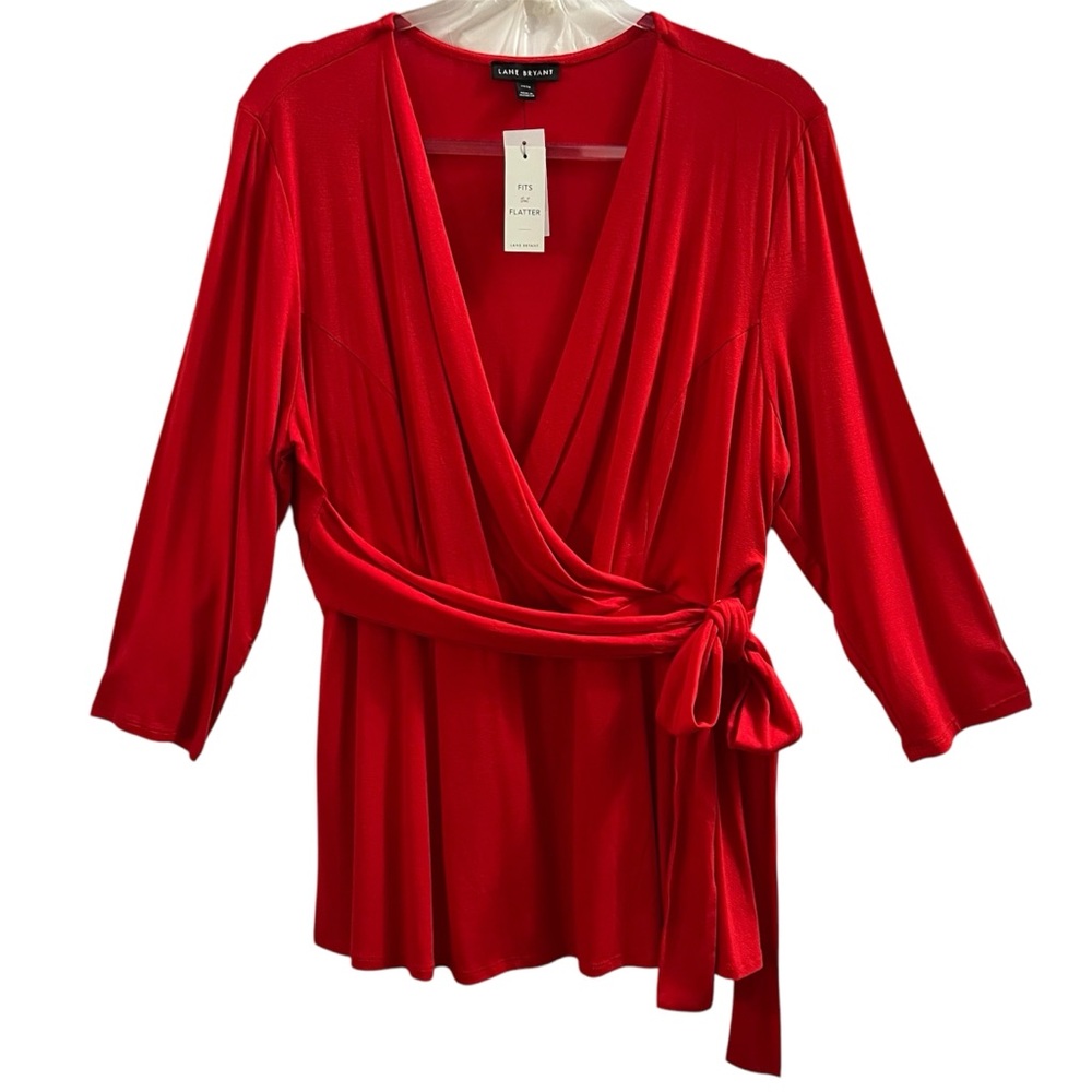 LANE BRYANT TOP, Size 14/16, Red Faux Wrap Top with Peplum and Tie Waist, NEW.